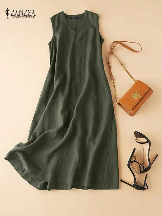 ZANZEA BreezeFlow Women's Summer Sleeveless Dress – V-Neck Casual Loose Sundress with Vintage Charm