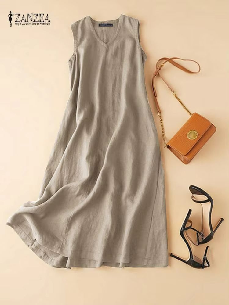 ZANZEA BreezeFlow Women's Summer Sleeveless Dress – V-Neck Casual Loose Sundress with Vintage Charm