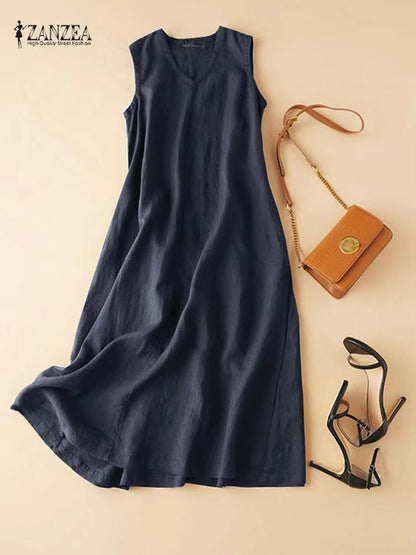 ZANZEA BreezeFlow Women's Summer Sleeveless Dress – V-Neck Casual Loose Sundress with Vintage Charm