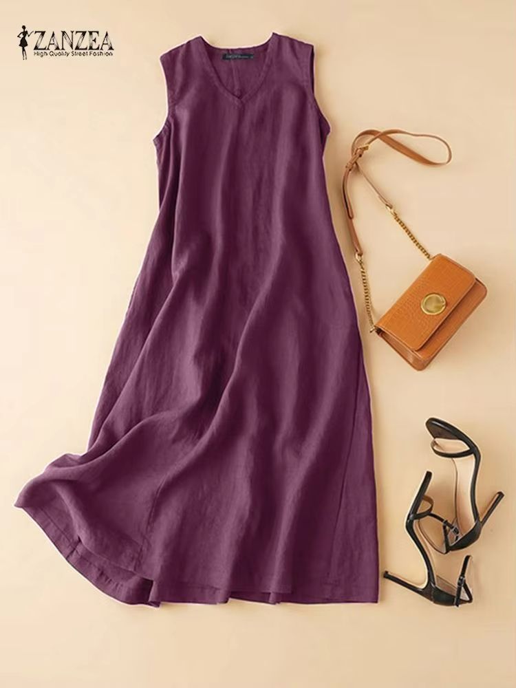 ZANZEA BreezeFlow Women's Summer Sleeveless Dress – V-Neck Casual Loose Sundress with Vintage Charm