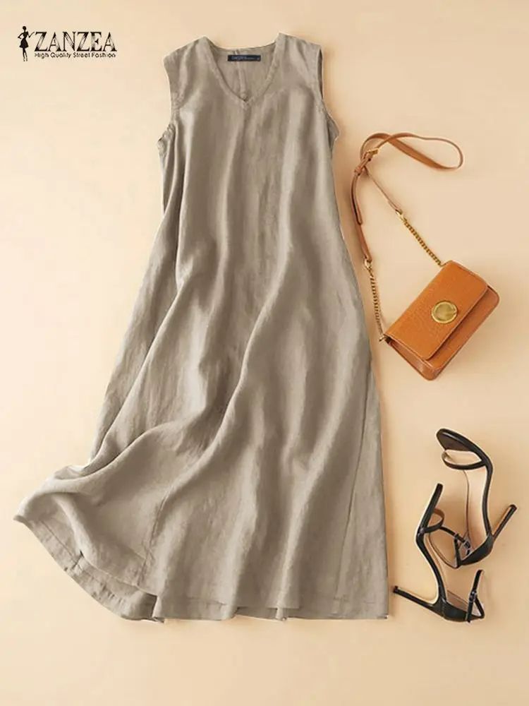 ZANZEA BreezeFlow Women's Summer Sleeveless Dress – V-Neck Casual Loose Sundress with Vintage Charm