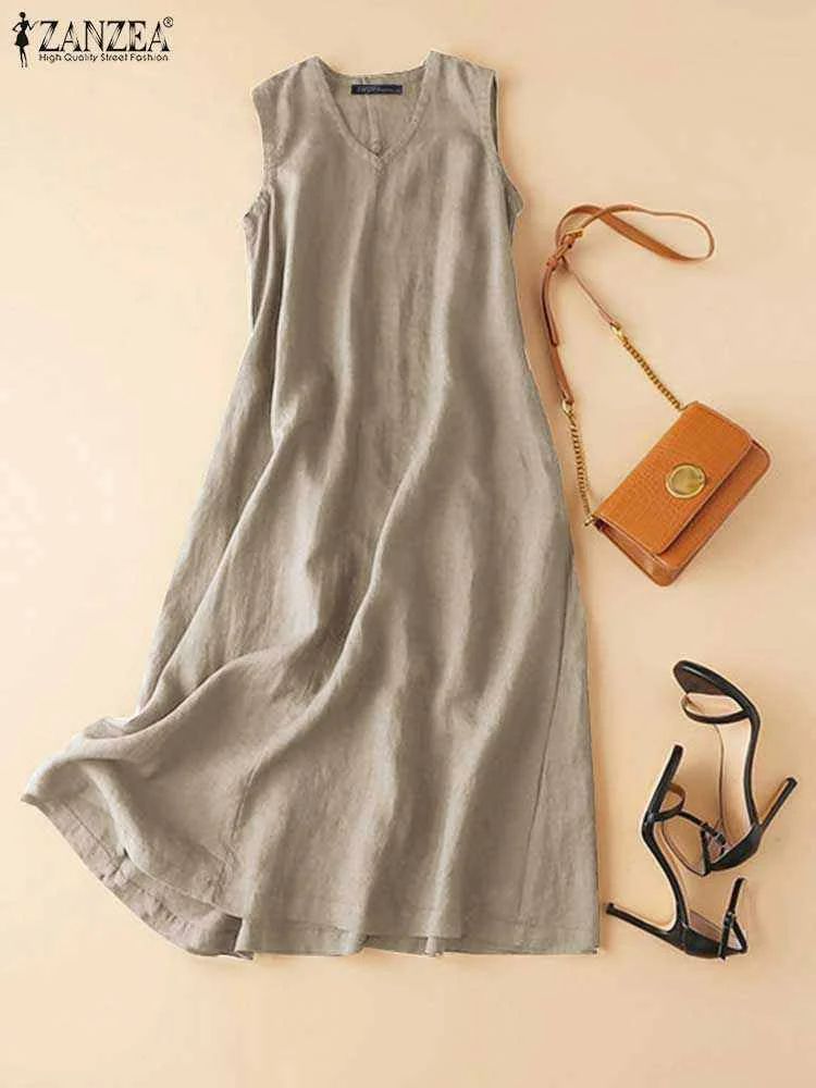 ZANZEA BreezeFlow Women's Summer Sleeveless Dress – V-Neck Casual Loose Sundress with Vintage Charm