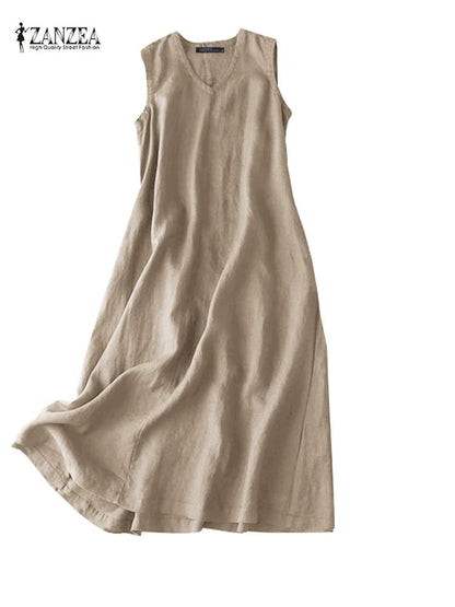 ZANZEA BreezeFlow Women's Summer Sleeveless Dress – V-Neck Casual Loose Sundress with Vintage Charm