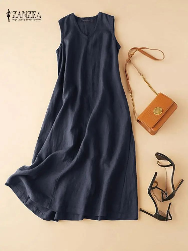 ZANZEA BreezeFlow Women's Summer Sleeveless Dress – V-Neck Casual Loose Sundress with Vintage Charm