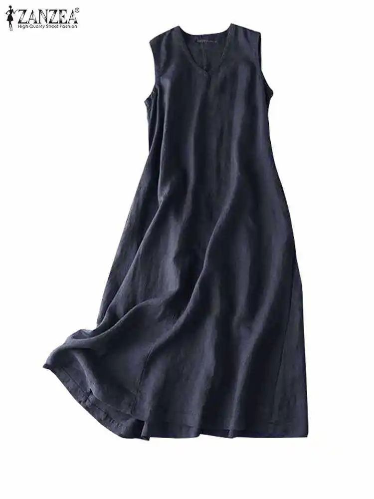ZANZEA BreezeFlow Women's Summer Sleeveless Dress – V-Neck Casual Loose Sundress with Vintage Charm