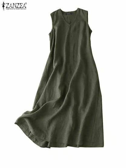 ZANZEA BreezeFlow Women's Summer Sleeveless Dress – V-Neck Casual Loose Sundress with Vintage Charm