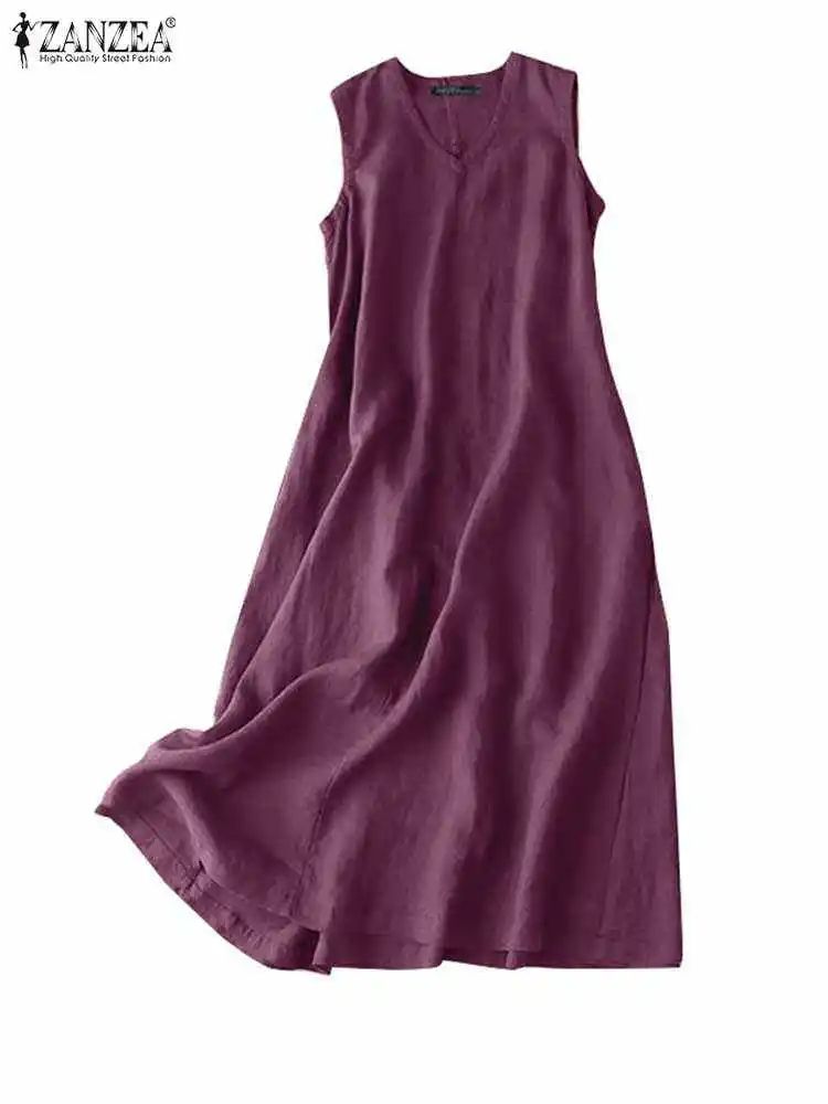 ZANZEA BreezeFlow Women's Summer Sleeveless Dress – V-Neck Casual Loose Sundress with Vintage Charm