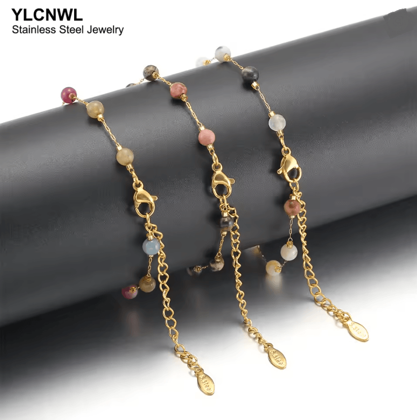Natural Stone Crystal Bead Chain Bracelet for Women in Gold Tone