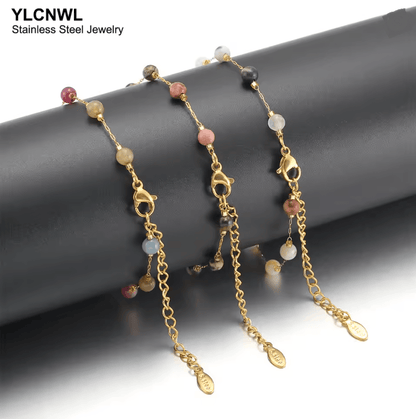 Natural Stone Crystal Bead Chain Bracelet for Women in Gold Tone