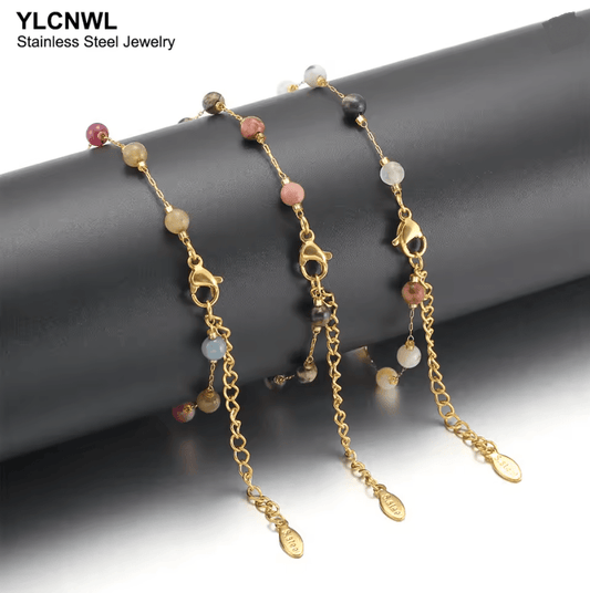 Natural Stone Crystal Bead Chain Bracelet for Women in Gold Tone