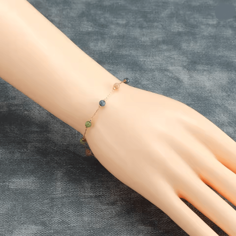 Natural Stone Crystal Bead Chain Bracelet for Women in Gold Tone