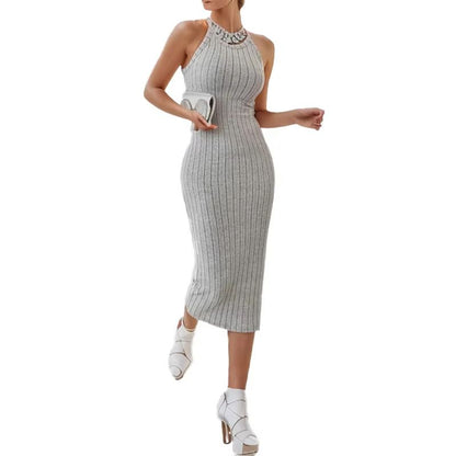 Solid Halter Neck Bodycon Midi Dress Slim Fit High Waist Elegant Summer Dress for Women