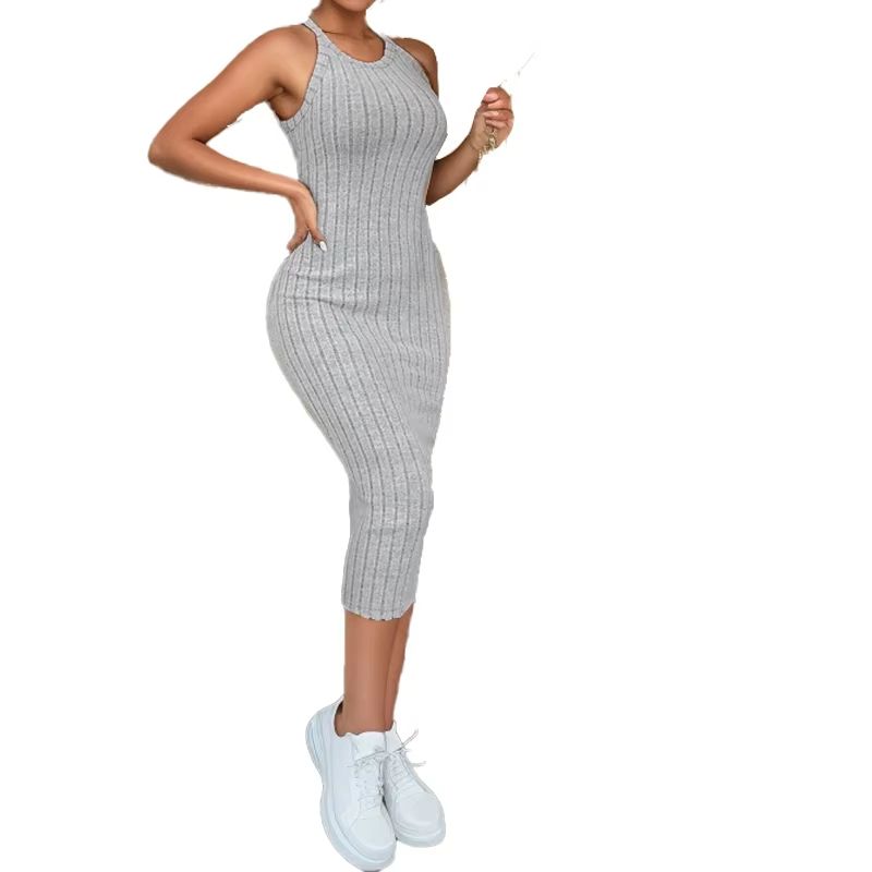 Solid Halter Neck Bodycon Midi Dress Slim Fit High Waist Elegant Summer Dress for Women