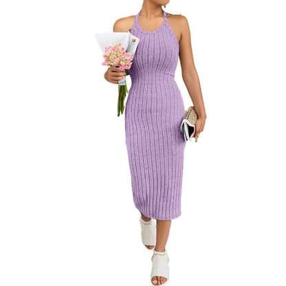 Solid Halter Neck Bodycon Midi Dress Slim Fit High Waist Elegant Summer Dress for Women