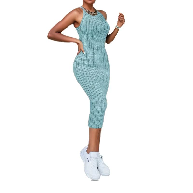 Solid Halter Neck Bodycon Midi Dress Slim Fit High Waist Elegant Summer Dress for Women