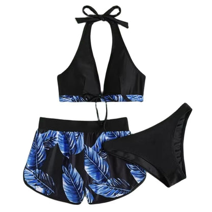 TropiLeaf Halter 3-Piece Swimsuit Set – High-Waisted Leaf Print Bikini