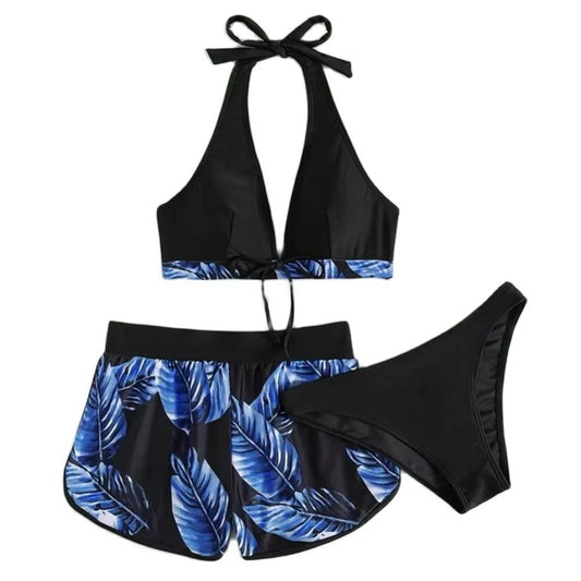 TropiLeaf Halter 3-Piece Swimsuit Set – High-Waisted Leaf Print Bikini