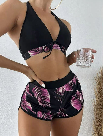 TropiLeaf Halter 3-Piece Swimsuit Set – High-Waisted Leaf Print Bikini