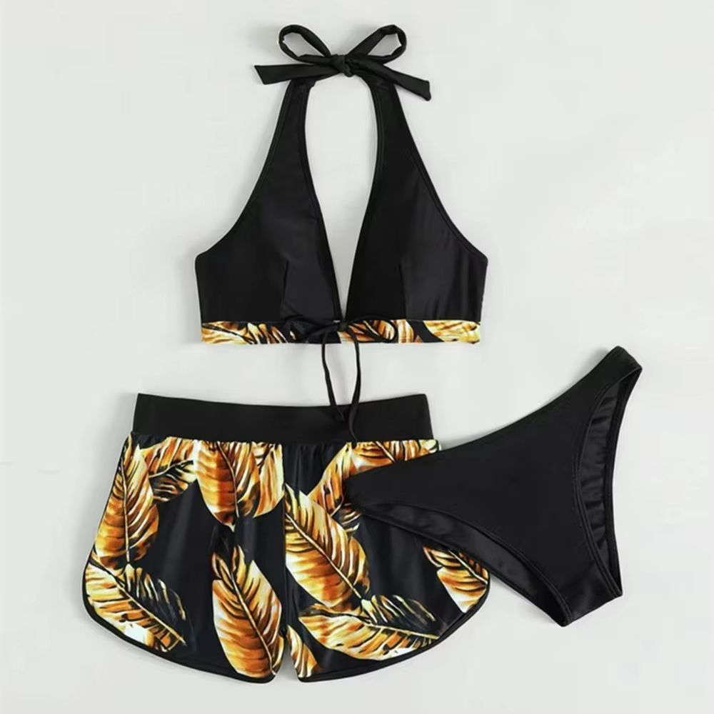 TropiLeaf Halter 3-Piece Swimsuit Set – High-Waisted Leaf Print Bikini