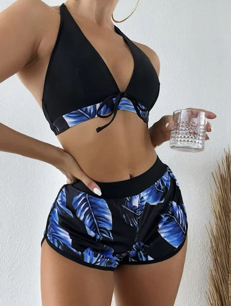 TropiLeaf Halter 3-Piece Swimsuit Set – High-Waisted Leaf Print Bikini