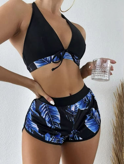 TropiLeaf Halter 3-Piece Swimsuit Set – High-Waisted Leaf Print Bikini