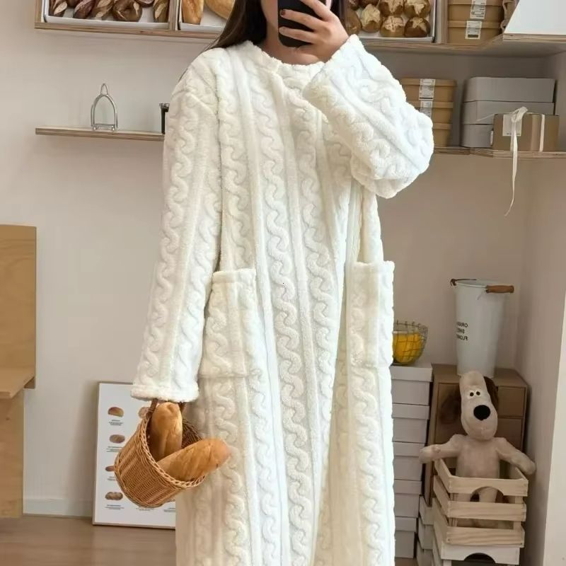Cozy Haven Long Sleeve Flannel Nightgown with Double Pockets