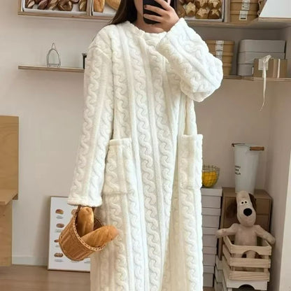 Cozy Haven Long Sleeve Flannel Nightgown with Double Pockets
