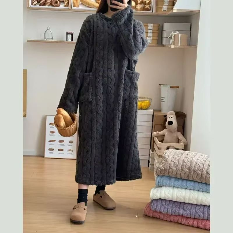 Cozy Haven Long Sleeve Flannel Nightgown with Double Pockets