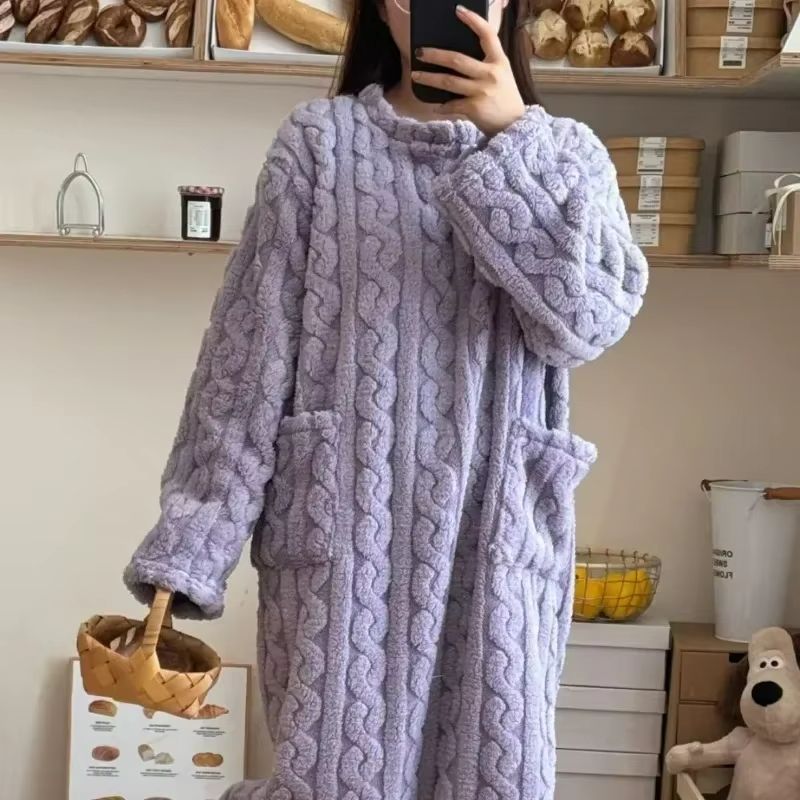 Cozy Haven Long Sleeve Flannel Nightgown with Double Pockets