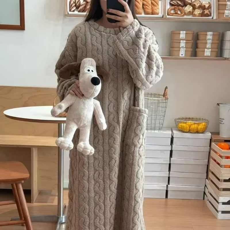 Cozy Haven Long Sleeve Flannel Nightgown with Double Pockets
