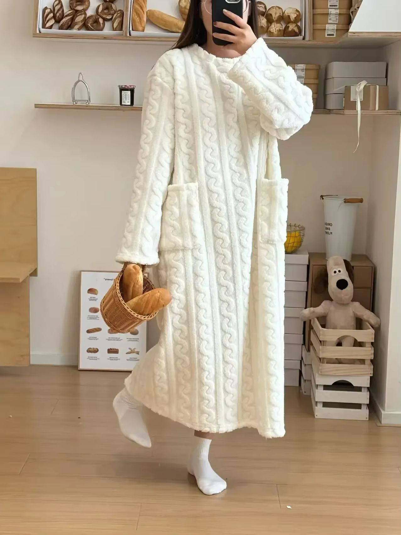 Cozy Haven Long Sleeve Flannel Nightgown with Double Pockets