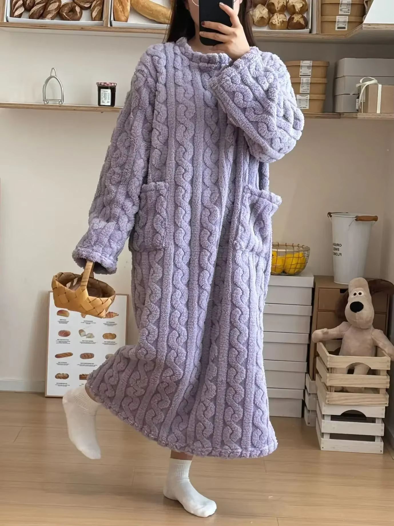 Cozy Haven Long Sleeve Flannel Nightgown with Double Pockets