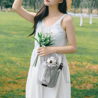 Shoulder Strap Mesh Water Bottle Carrier Bag with Adjustable Crossbody Strap and Front Pocket