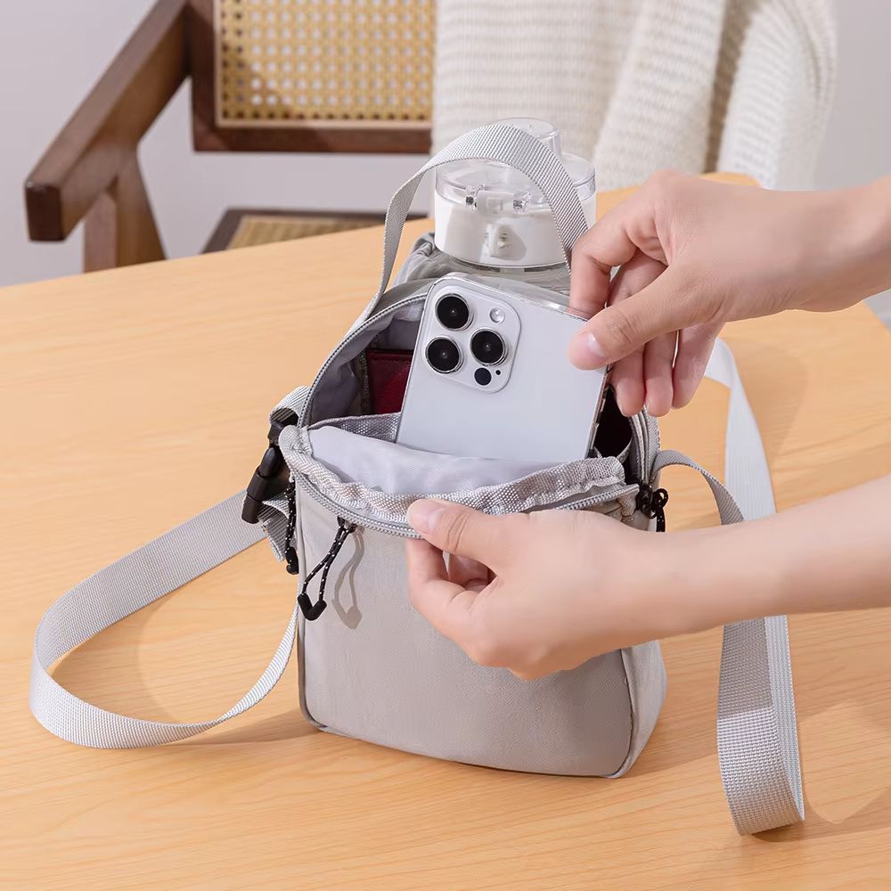 Shoulder Strap Mesh Water Bottle Carrier Bag with Adjustable Crossbody Strap and Front Pocket