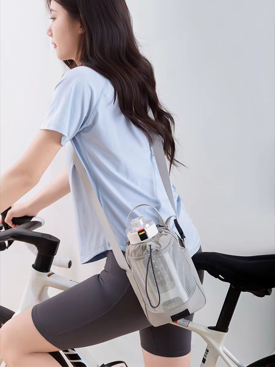 Shoulder Strap Mesh Water Bottle Carrier Bag with Adjustable Crossbody Strap and Front Pocket