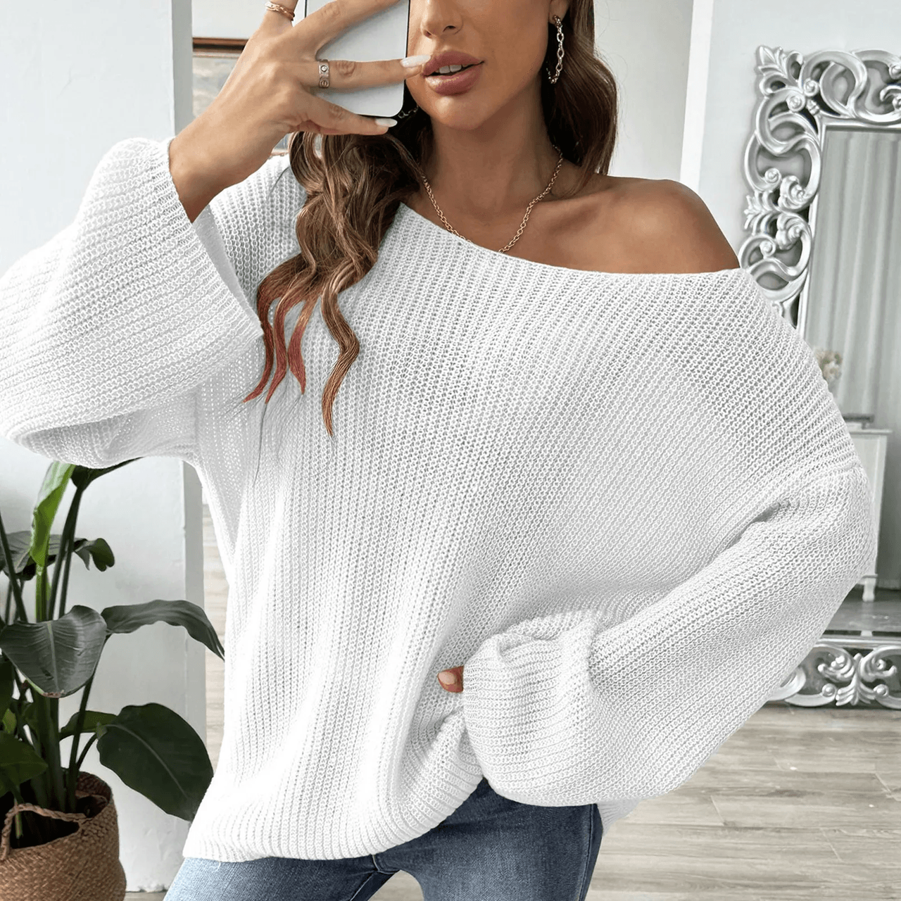 Off-Shoulder Flare Sleeve Sweater for Women Chic Knit Pullover