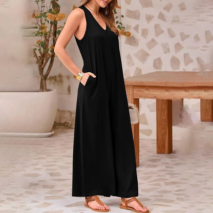 Womens Loose Strap Jumpsuit Romper with Wide Leg Trousers and Sleeveless Boat Neck Design
