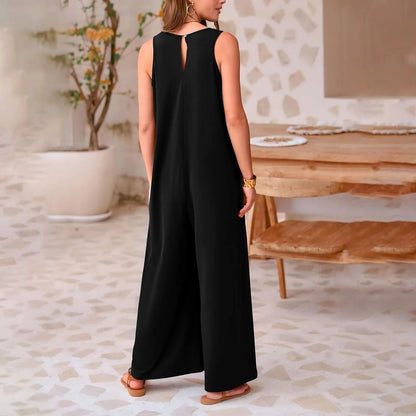 Womens Loose Strap Jumpsuit Romper with Wide Leg Trousers and Sleeveless Boat Neck Design
