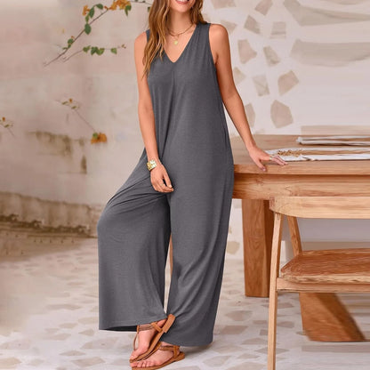 Womens Loose Strap Jumpsuit Romper with Wide Leg Trousers and Sleeveless Boat Neck Design