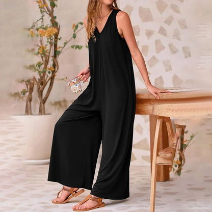 Womens Loose Strap Jumpsuit Romper with Wide Leg Trousers and Sleeveless Boat Neck Design