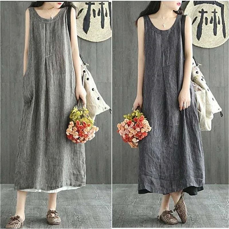 Womens 2024 Summer Loose Sleeveless O Neck Maxi Dress