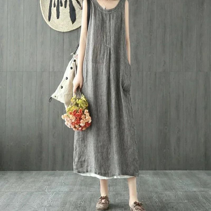 Womens 2024 Summer Loose Sleeveless O Neck Maxi Dress