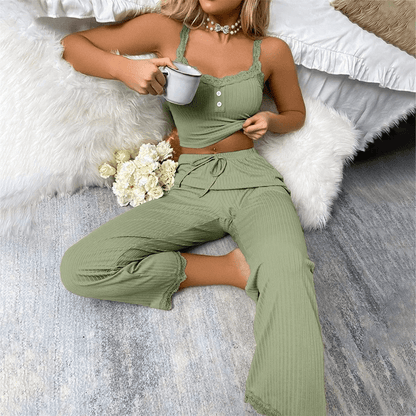 Soft Lace Trim Womens Two Piece Pajama Set with Spaghetti Strap Top and Pants