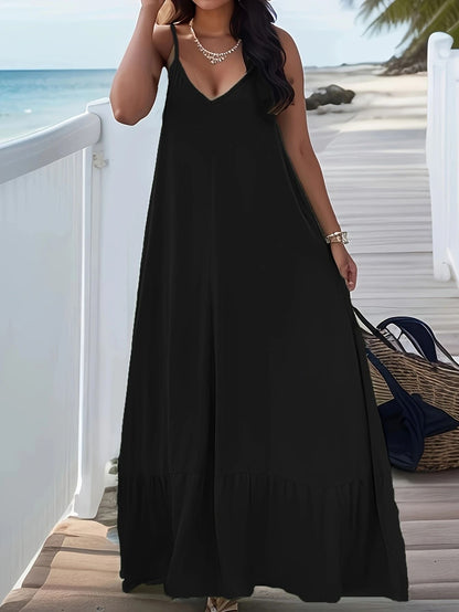 Plus Size Womens V Neck Suspender Dress Casual Summer Solid Color