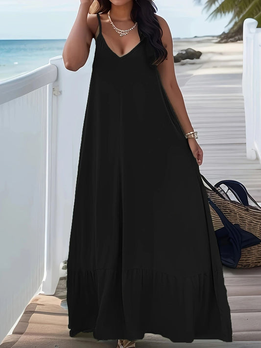 Plus Size Womens V Neck Suspender Dress Casual Summer Solid Color
