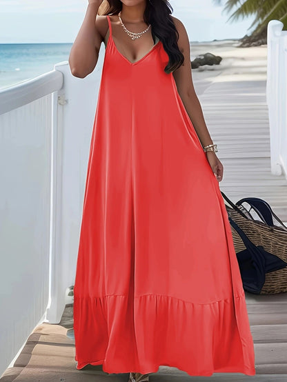 Plus Size Womens V Neck Suspender Dress Casual Summer Solid Color
