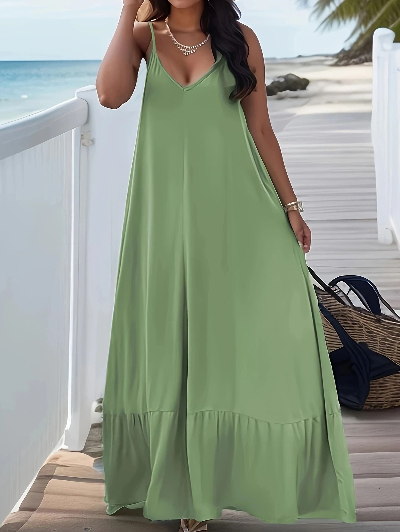 Plus Size Womens V Neck Suspender Dress Casual Summer Solid Color