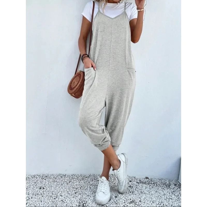 Plus Size Casual Summer Women Loose Sleeveless Strap Wide Leg Jumpsuit with Pockets
