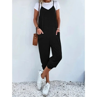 Plus Size Casual Summer Women Loose Sleeveless Strap Wide Leg Jumpsuit with Pockets
