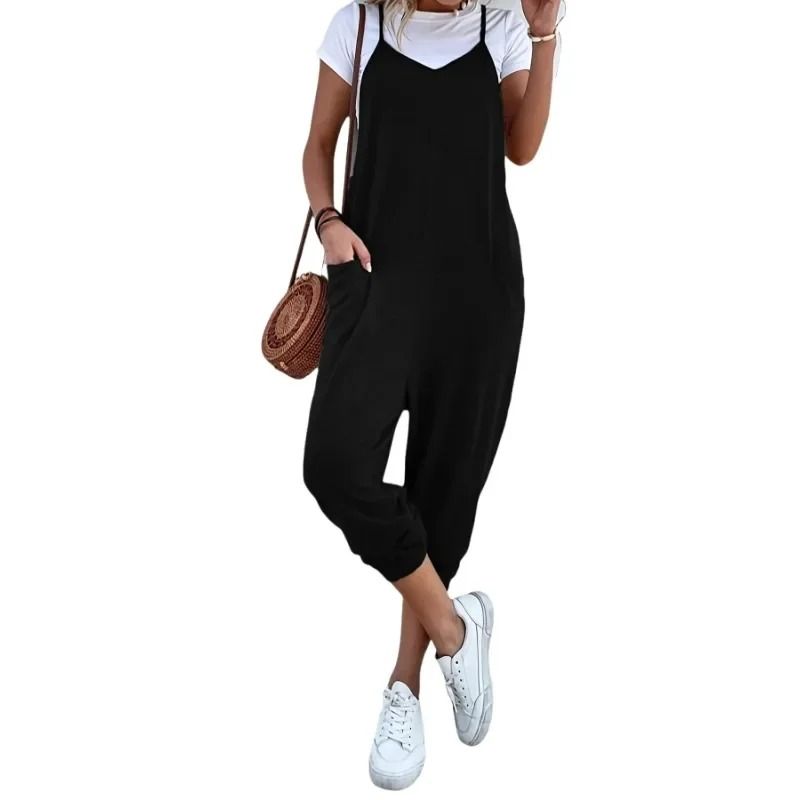 Plus Size Casual Summer Women Loose Sleeveless Strap Wide Leg Jumpsuit with Pockets